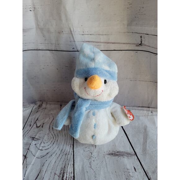 Ty Pluffies Windchill Snowman Bean Plush 8in 2004 Blue Cap Stuffed Animal Toy - Picture 1 of 8